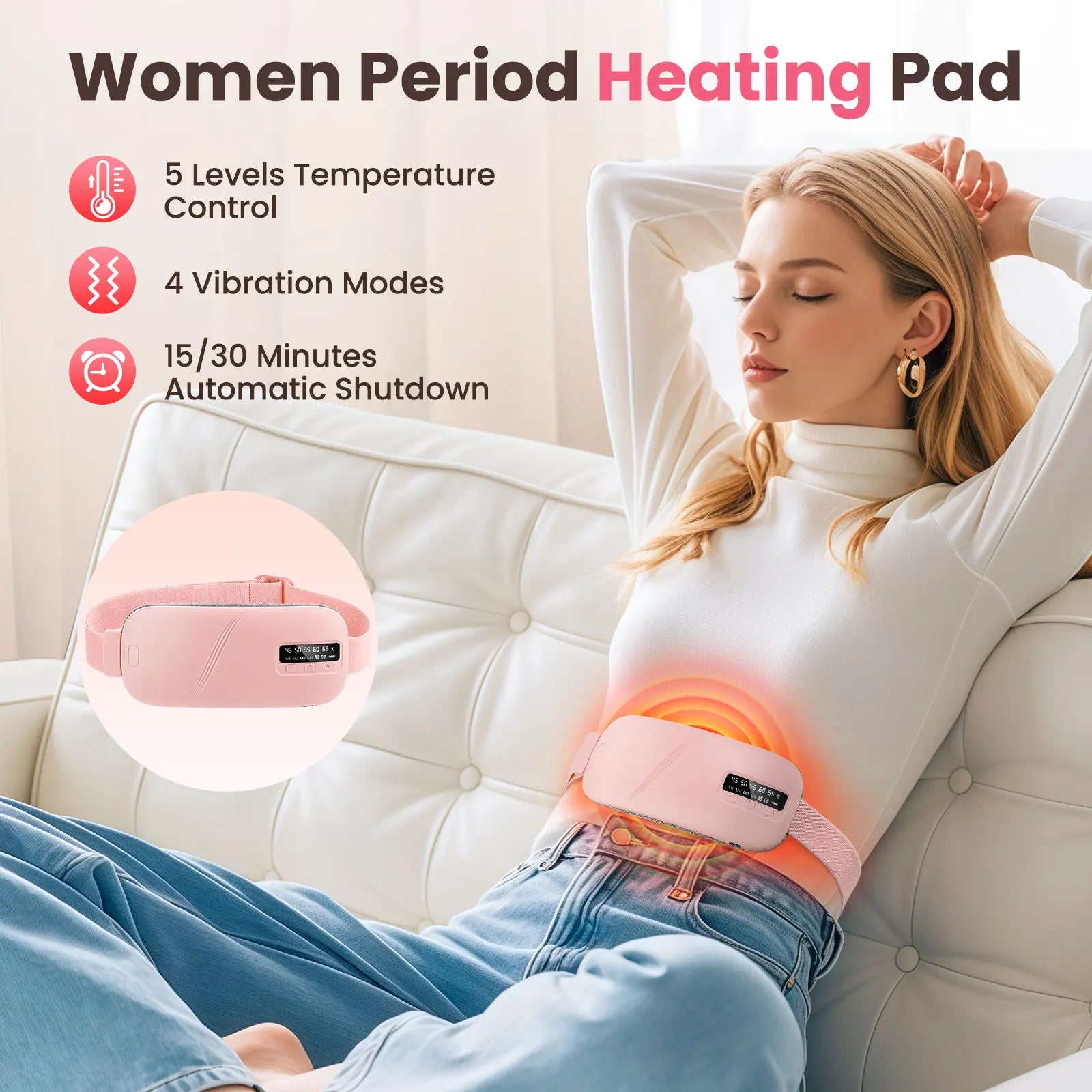Electric Women Period Massager Heating Pad Abdominal Warmer Belt Vibration Machine 5 Levels Hot Compress Smart Timer Winter Warm